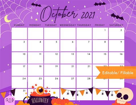 Free Printable October 2021 Calendar Halloween
